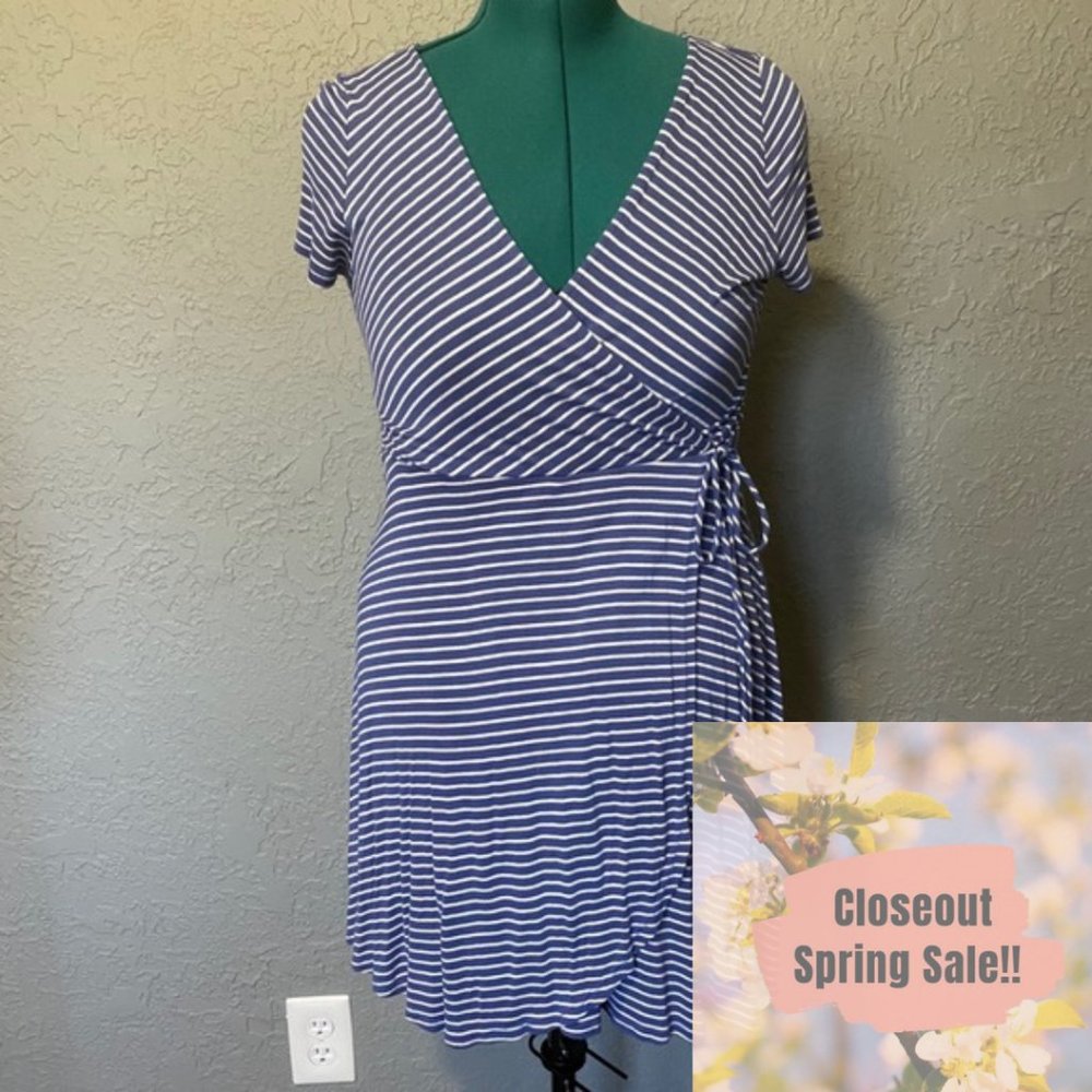 Beautiful Blue & White Striped Faux Wrap Dress